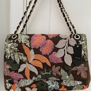 FLOWER EMBROIDERED SHOULDER TOTE BAG - NEW